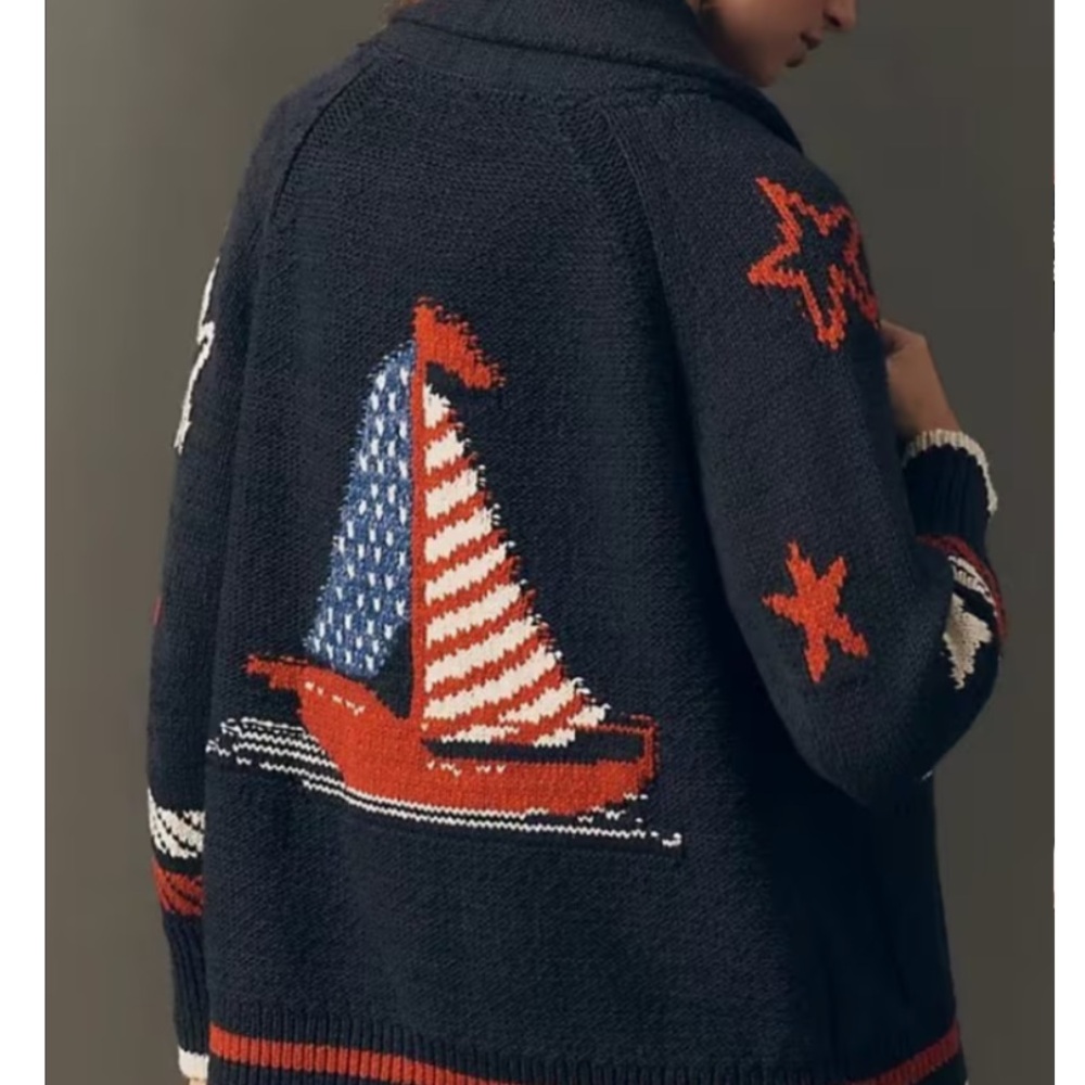 NEW! ❤️🩵❤️Navy Red Sailboat Intarsia Knit Cardigan Sweater